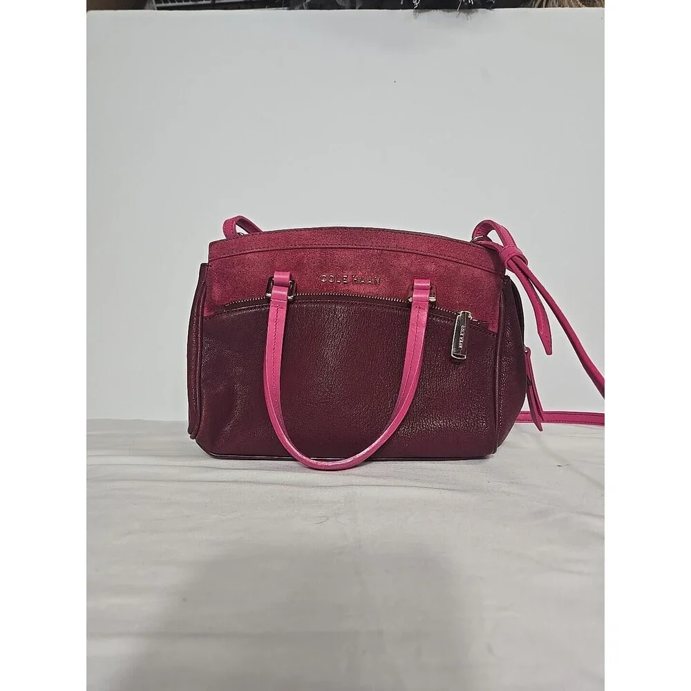 Cole Haan LINLEY Magenta Suede Leather Small Satchel Bag Purse Pink Gold Hardwar